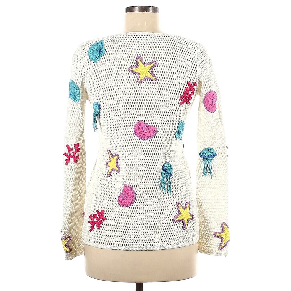 CRO-CHE Under The Sea open knit net crochet cardigan sweater nautical patches M - Picture 2 of 7